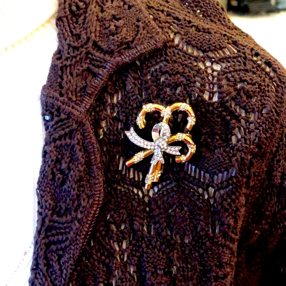 Talbots gold with silver and rhinestones pin; Christmas candy cane pin